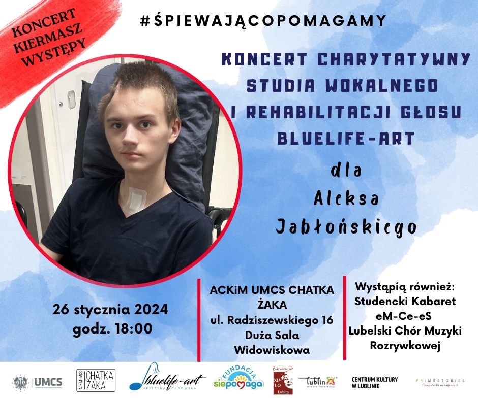 plakat informujący o koncercie charytatywnym dla Aleksa Jabłońskiego ucznia 14 LO