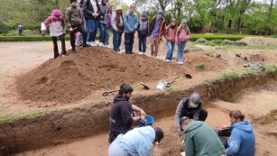 Czworo studentów pracuje nad odkopaniem szkieletu sprzed ok. 300 lat